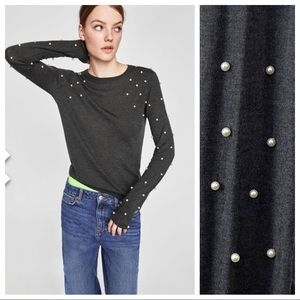 NWOT. Zara Grey Pearl Long-sleeve Sweater. Size S.